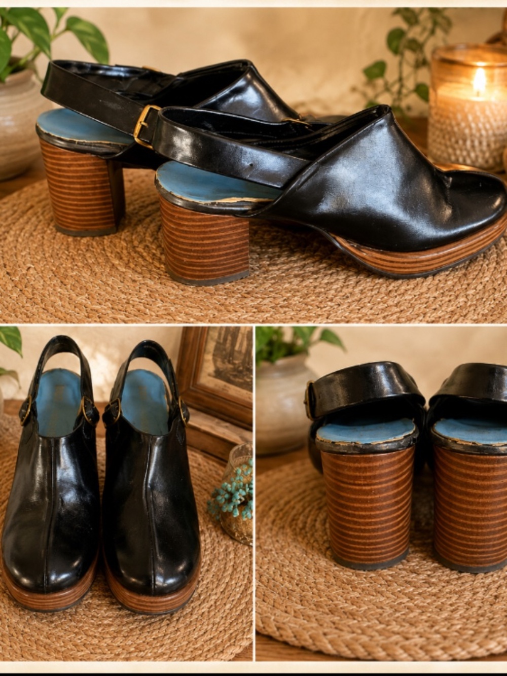 Vintage 1960s 70s Black Leather Slingback Platform Heels Gold Buckle